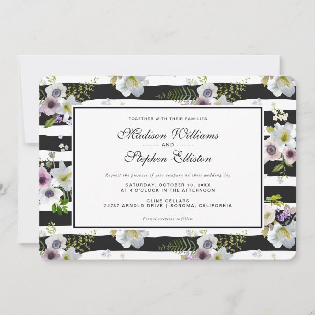 Invitación Patrón con rayas florales pintadas - Boda (Anverso)