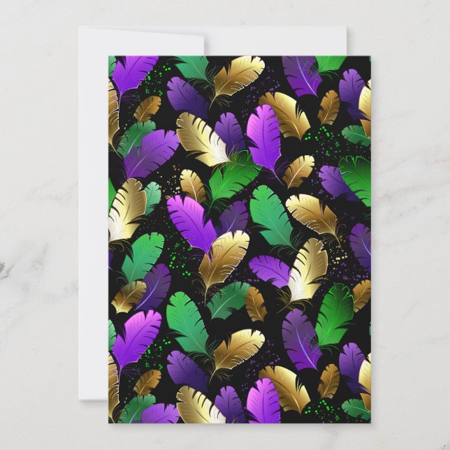 Invitación Patrón continuo con plumas de Mardi Gras (Anverso)