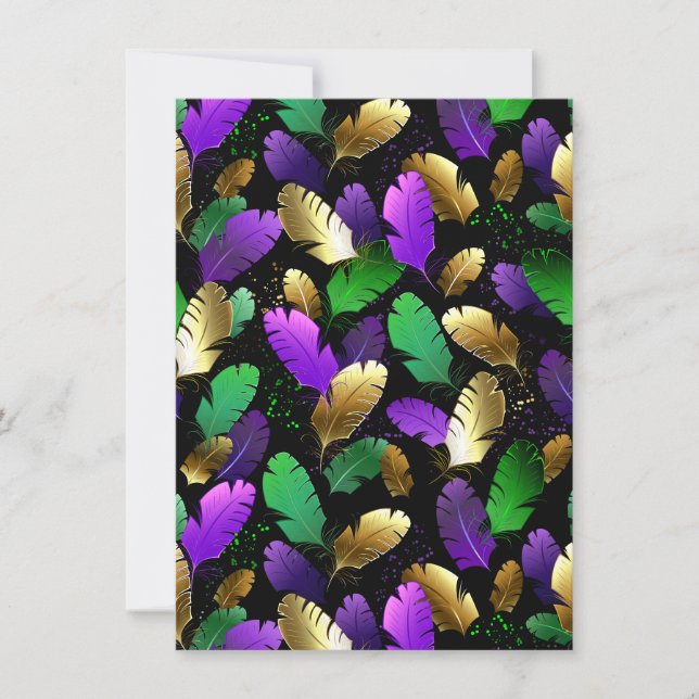 Invitación Patrón continuo con plumas de Mardi Gras (Anverso)
