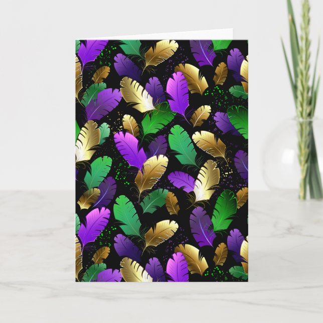 Invitación Patrón continuo con plumas de Mardi Gras (Anverso)