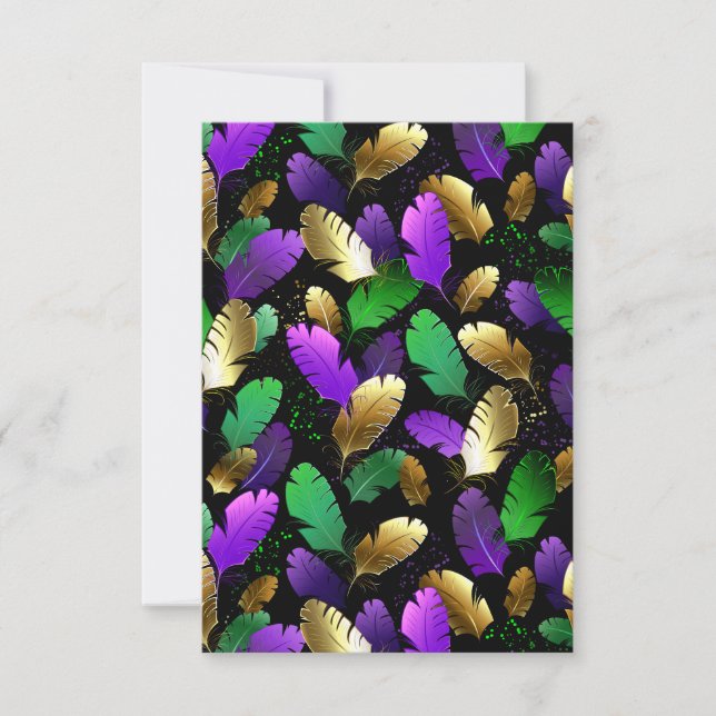 Invitación Patrón continuo con plumas de Mardi Gras (Anverso)