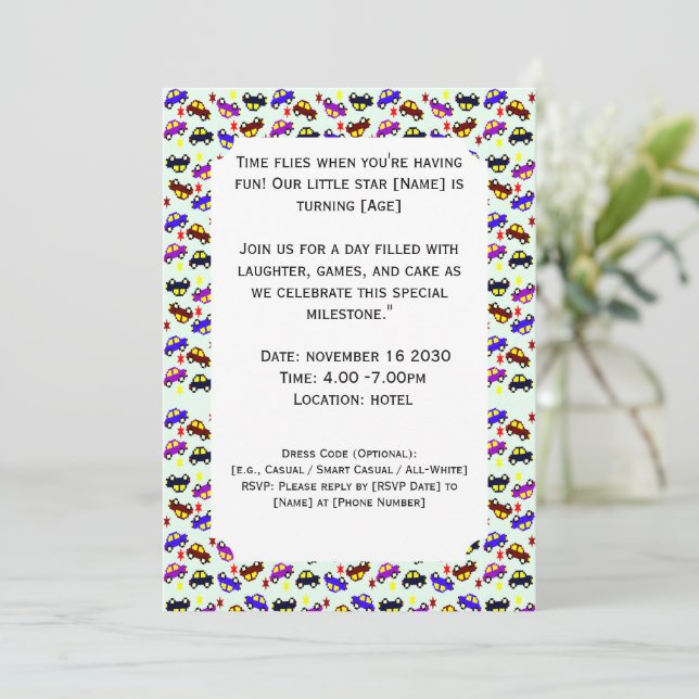 Invitación Patrón continuo de coche pixelado de cumpleaños mo (Anverso de pie)