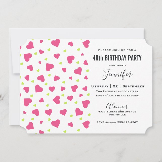 Invitación Patrón Corazón Verde y Rosa Cute Cumpleaños (Anverso)