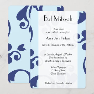 Invitación Patrón Damasco, Damasco Azul, Mitzvah Bat