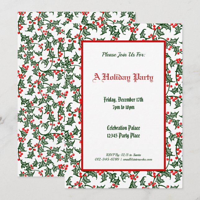 Invitación Patrón de Acebo Verde Fiesta de Vacaciones Editabl (Anverso / Reverso)