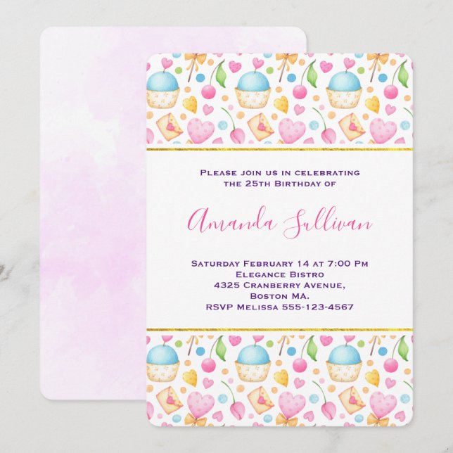 Invitación Patrón de acuarela delicioso de corazón y amor (Anverso / Reverso)