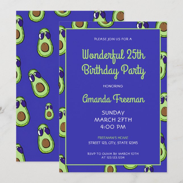 Invitación Patrón de aguacates verde y azul personalizado Cum (Anverso / Reverso)