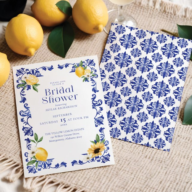 Invitación Patrón de alfarería azul de limón y antigüedades D (Lemon & Antique Blue Pottery Pattern Bridal Shower Invitation)