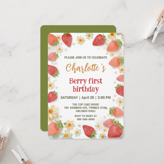 Invitación Patrón de arcoiris de fresas de corte 1° cumpleaño (Anverso/Reverso In Situ)
