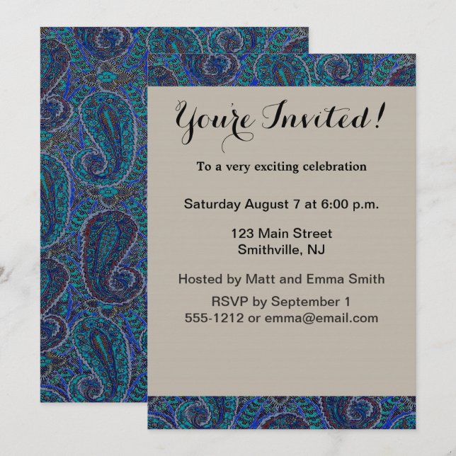 Invitación Patrón de arte del Boho indio azul Paisley (Anverso / Reverso)