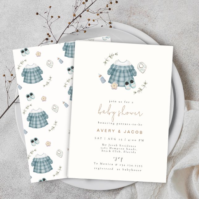 Invitación Patrón de Baby Shower de ropa de boho moderno míni (Minimal Modern Boho Clothes Pattern Baby Shower Invitation)