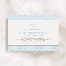 Invitación Patrón de Baldosa Azul Moderno Cruz Bautizo Niño