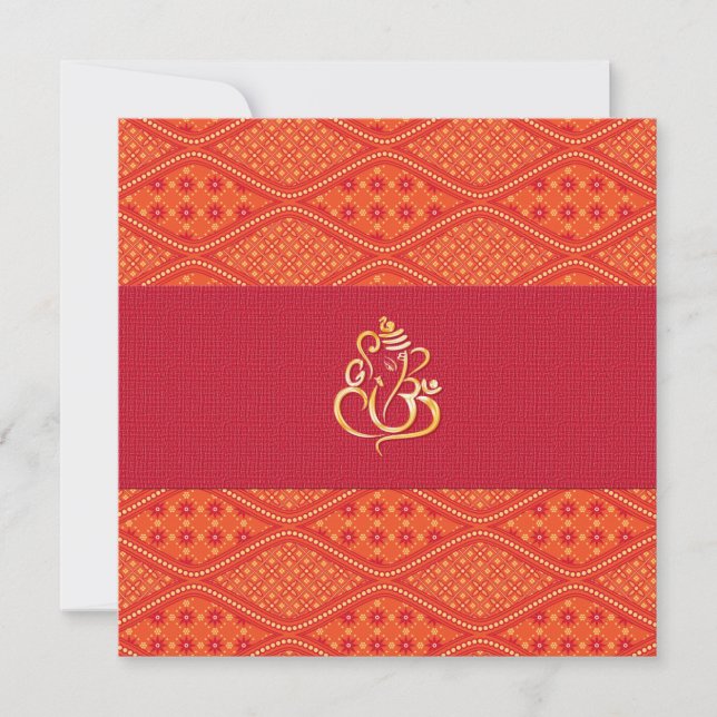 Invitación Patrón De Batik Naranja Y Rojo Boda De La India (Anverso)