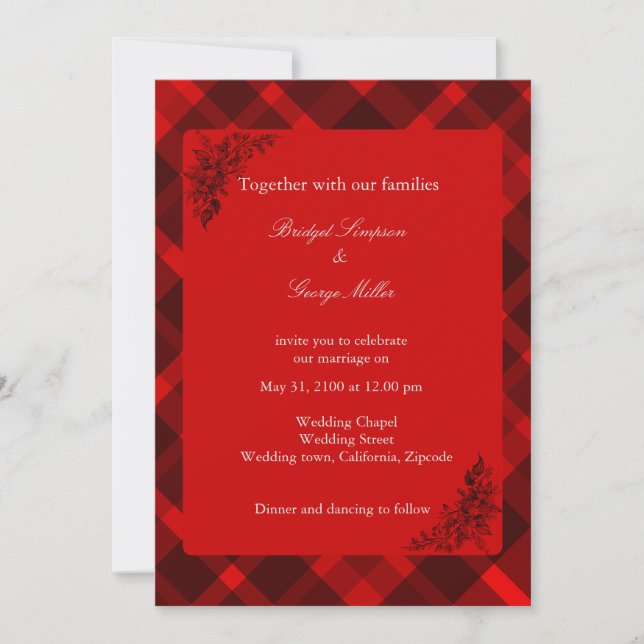 Invitación patrón de boda de tartán celta negro rojo (Anverso)