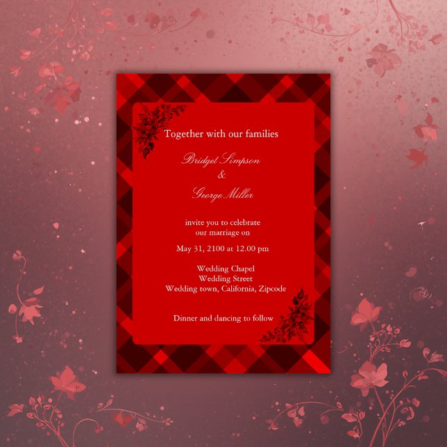 Invitación patrón de boda de tartán celta negro rojo (Subido por el creador)
