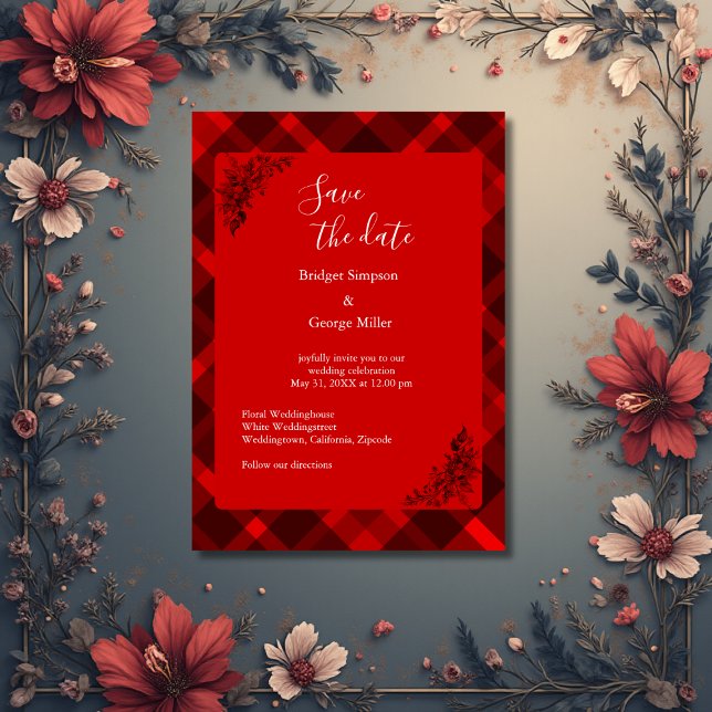 Invitación patrón de boda de tartán celta negro rojo (Subido por el creador)