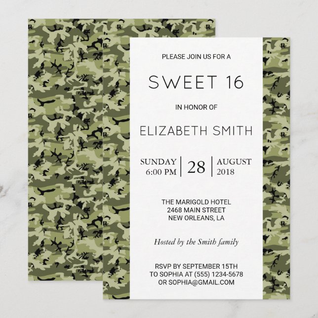 Invitación Patrón de camuflaje, camo, militar, dulce 16 (Anverso / Reverso)