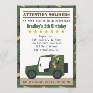 Invitación Patrón de Camuflaje Militar Cumpleaños de Niño Sol