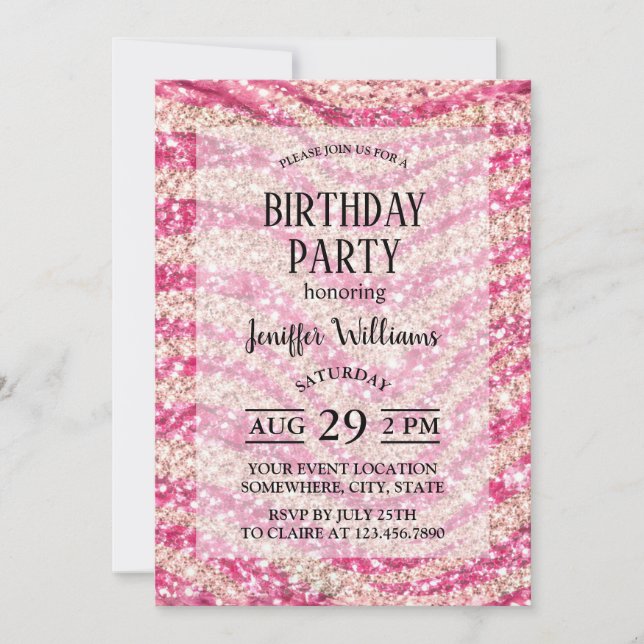 Invitación Patrón de cebra con brillo rosa femenino           (Anverso)