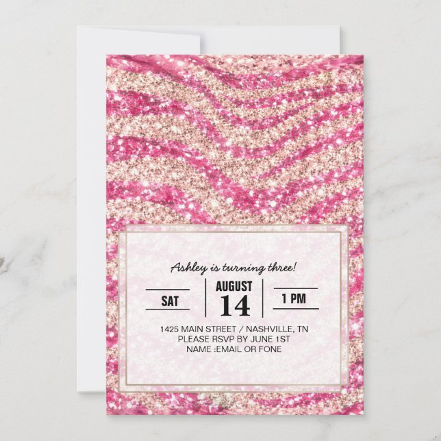 Invitación Patrón de cebra con brillo rosa femenino           (Anverso)