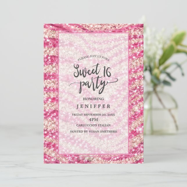 Invitación Patrón de cebra de brillo rosa femenino            (Anverso de pie)