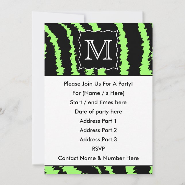 Invitación Patrón de cebra verde limón y negro Personalizado (Anverso)