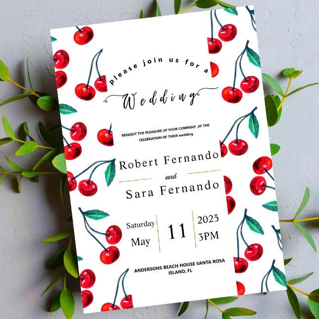 Invitación Patrón de cerezas moderno Fiesta de boda elegante  (Subido por el creador)