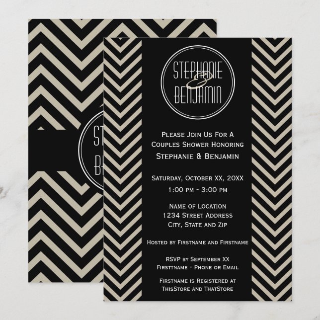 Invitación Patrón de cheurón negro y pekinés de Art Deco (Anverso / Reverso)