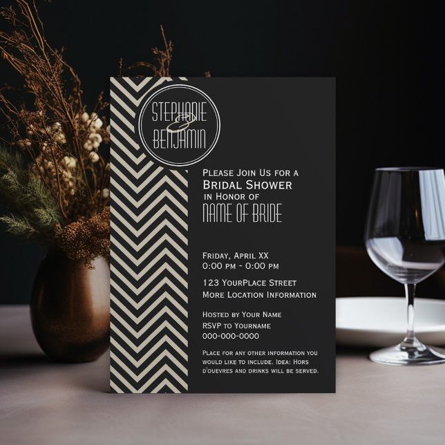 Invitación Patrón de cheurón negro y pekinés de Art Deco (Wedding Shower Invitation - black and taupe art deco)