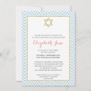 Invitación patrón de chevron de MITZVAH oro azul purpurinoso