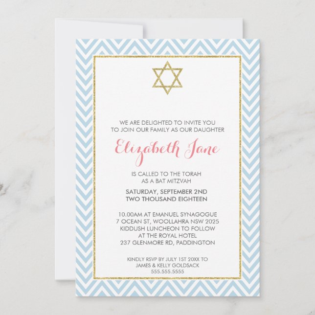 Invitación Patrón de chevron de MITZVAH patrón oro azul purpu (Anverso)