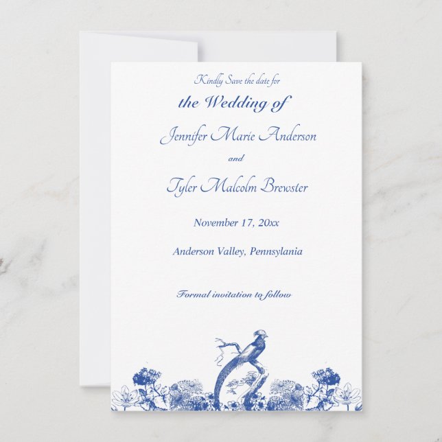 Invitación Patrón de China floral azul y blanca con pájaro (Anverso)