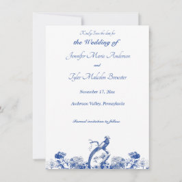 Invitación Patrón de China floral azul y blanca con pájaro