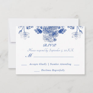 Invitación Patrón de China floral azul y blanca con pájaro