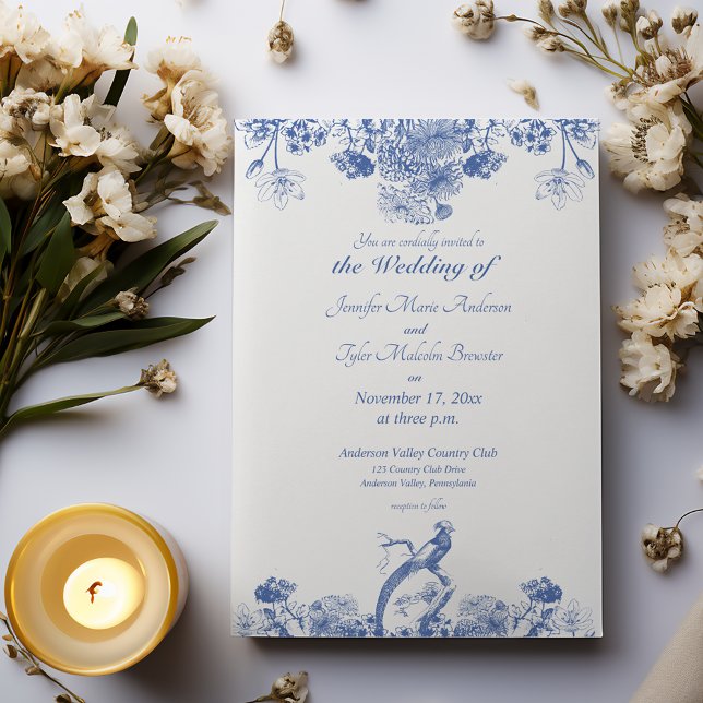 Invitación Patrón de China floral azul y blanca con pájaro (Subido por el creador)