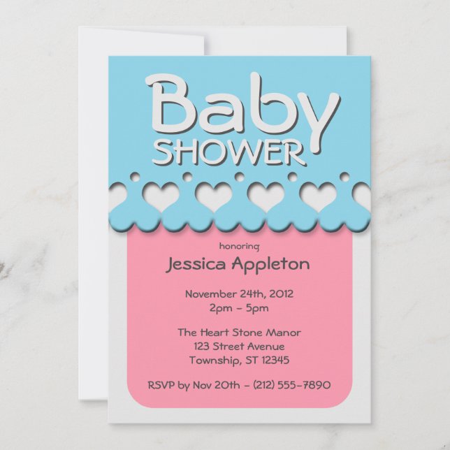 Invitación Patrón de cinta cardíaca Baby Shower rosa y azul (Anverso)