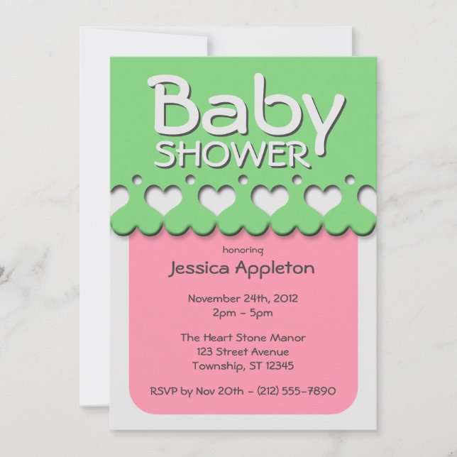 Invitación Patrón de cinta cardíaca Baby Shower rosa y verde (Anverso)