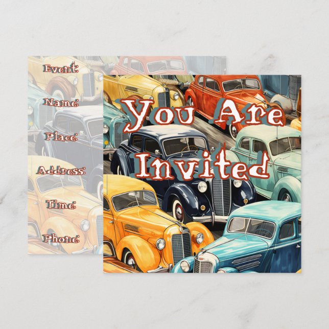 Invitación Patrón de Coches Clásicos (Anverso / Reverso)