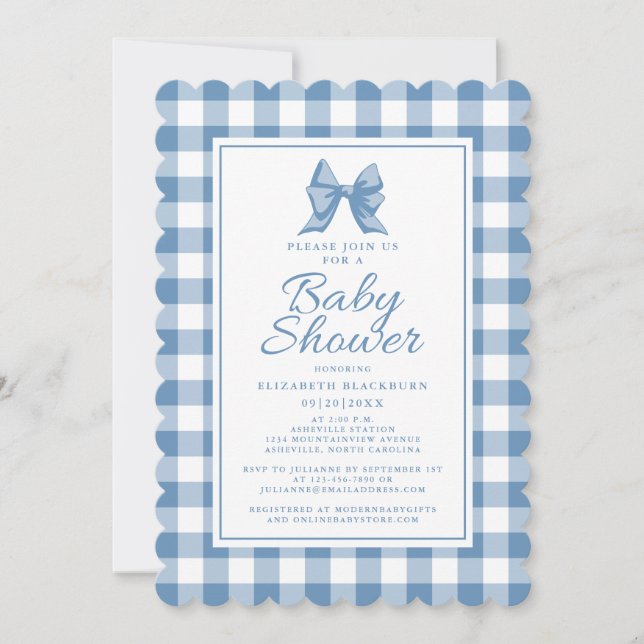 Invitación Patrón de comprobación de Gingham azul y blanco de (Anverso)