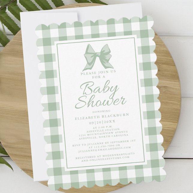 Invitación Patrón de comprobación de Gingham blanco verde sua (Cute Bow Pastel Green White Gingham Check Pattern Invitation)