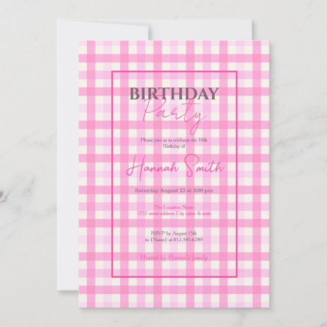 Invitación Patrón de contraste rosado de Gingham (Anverso)