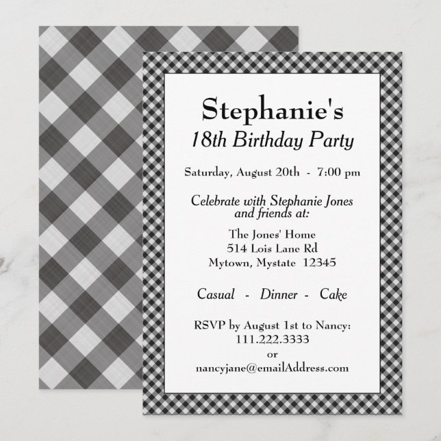 Invitación Patrón De Controles De Gingham Negro Para Todas La (Anverso / Reverso)