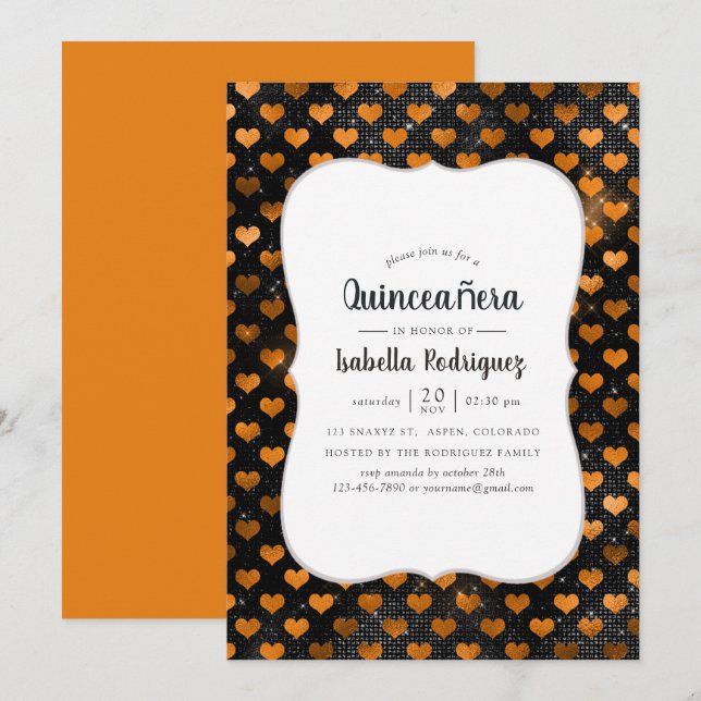 Invitación Patrón de corazón negro y Naranja Quinceañera (Anverso / Reverso)
