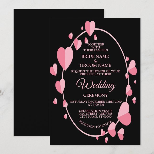 Invitación Patrón de Corazón Rosa Negro Geométrico Elegante B (Anverso / Reverso)