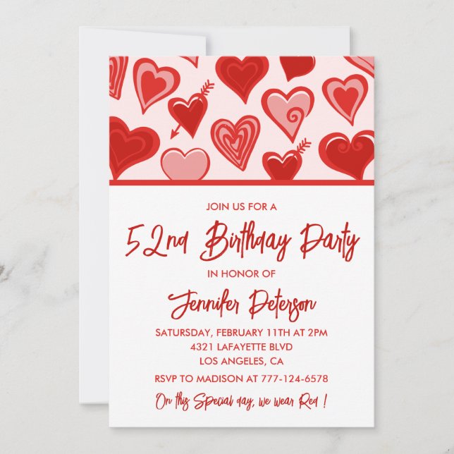 Invitación Patrón de corazones rojos rosados Simple 52 cumple (Anverso)