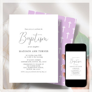 Invitación Patrón de cruz púrpura moderno Bautismo