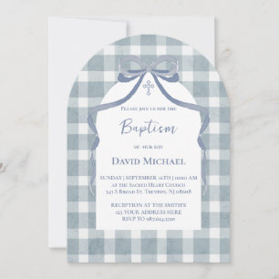 Invitación patrón de cuadros con lazo azul Bautizo