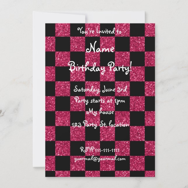 Invitación Patrón de cuadros negros y rosados calientes Purpu (Anverso)