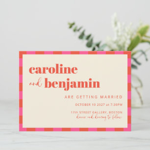 Invitación Patrón de cuadros rosa y naranja atrevido para bod