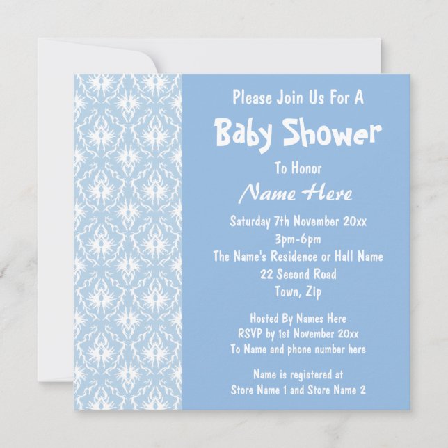 Invitación Patrón de Damasco azul y blanco, Baby Shower Perso (Anverso)